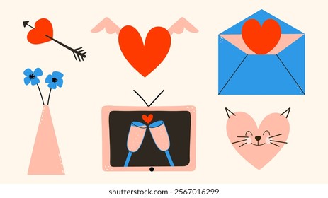 Heart with wings, envelope, cat, TV, vase. Romantic set of hand draw elements. Valentine's day illustration