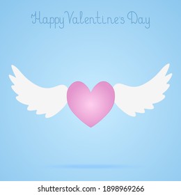 Heart with wings. Festive postcard. Colored vector illustration. Isolated blue background. Lettering Happy Valentines day. The heart soars in the air, casting a shadow. Idea for web design, banner.