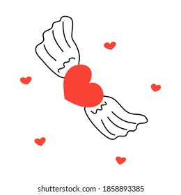 Heart with wings in flight. Happy Valentines Day. February 14th. On white background isolated vector doodle hand drawn