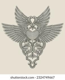 heart with wings, floral ornament, Vintage engraving drawing style, antique design vector illustration 