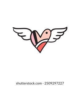 Heart with wings. Geometric drawing design element Happy Valentine's Day. black background Vector illustration.