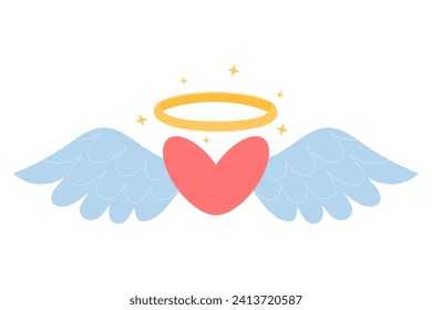 Heart with wings and a halo over it. Valentine's day or wedding concept. Cartoon flat vector illustration.