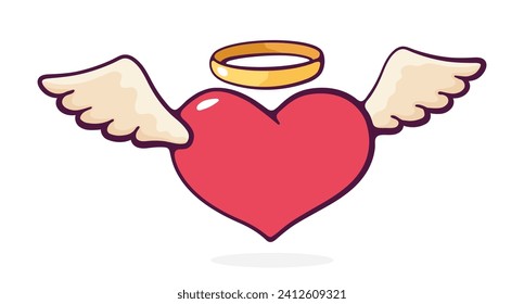 Heart with wings and a halo. Valentines Day symbol. Angel of Love. Vector illustration. Hand drawn cartoon clip art with outline. Isolated on white background