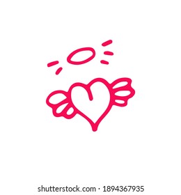 Heart with wings and halo. Vector cute doodle, illustration, design element for sticker, valentines decoration, wedding day. Romantic, love.