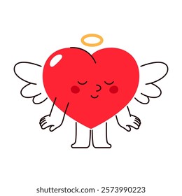 Heart with wings and halo. Vector love angel character with face expression. Lover sign or Valentines day greeting card element. Symbol for romantic relationship or passion emblem. Flying cartoon.