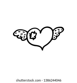 Heart with wings hand drawn doodle vector illustration