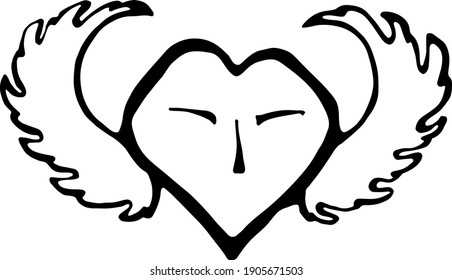 Heart with wings - hand-made Flat image of symbols on the theme of romance and love.
