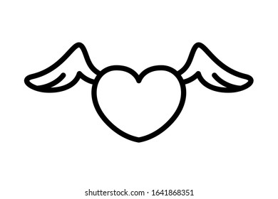 Heart with wings icon. Linear logo of Valentine's Day. Black Illustration of frivolity, flirt and beguin. Contour isolated vector on white background. Symbol of likes on social networks