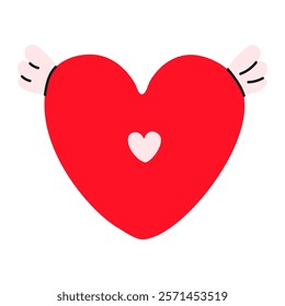 Heart with wings icon. Love symbol red heart with angel wings graphic isolated. Romantic print.Transparent background.Hand-drawn vector illustration EPS10