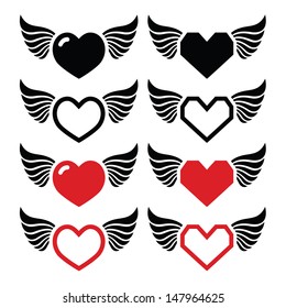 Heart with wings icons set