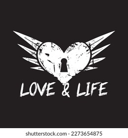Heart wings Illustration with text love and life black and white grunge style premium vector