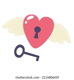 Heart with wings and a key. Vector hand drawn illustration.