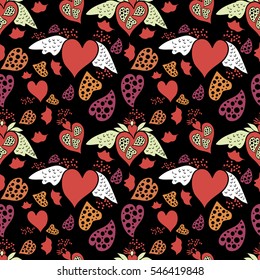 Heart with wings and lips seamless pattern. 