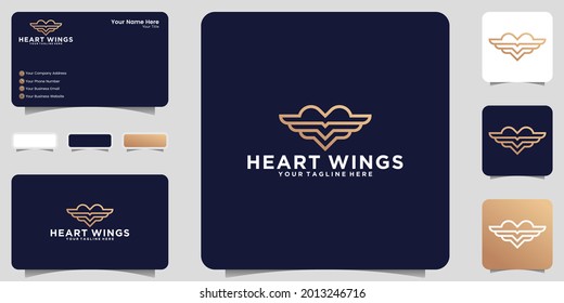 heart and wings logo in luxury line art style and business card inspiration