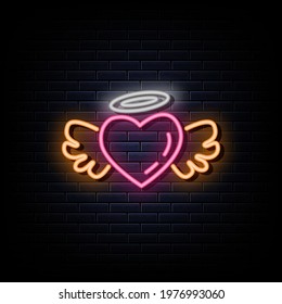 Heart Wings Logo Neon Signs Style Vector