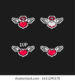 Heart with wings logo, Valentines day pixel art icons set. Love symbol. Design for greeting card, sticker, web, mobile app, embroidery, badges and patches. Isolated vector illustration