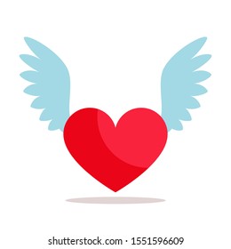 Heart with wings. Love and mercy concept. Winged heart. Empty banner for your text. Vector illustration, isolated on white background. Flat cartoon style.