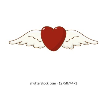 Heart with wings - love symbol. Ink hand drawn lettering. Grunge vector calligraphy. Tattoo template. Holiday cartoon comic illustration. 