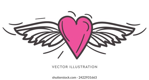 Heart with wings. Love symbol. Ink hand drawn lettering, vector illustration. 