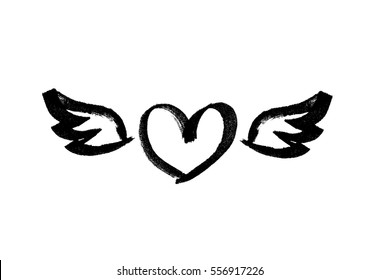 Heart with wings. Love symbol. Ink hand drawn lettering. Grunge vector calligraphy. Tattoo template
