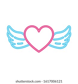 heart with wings in neon light, valentines day vector illustration design