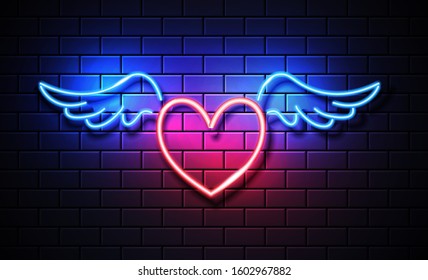 Heart Wings Neon Sign on a brick background. Vector illustration on the theme of love and romance for Valentine's Day