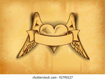 heart with the wings on the old paper