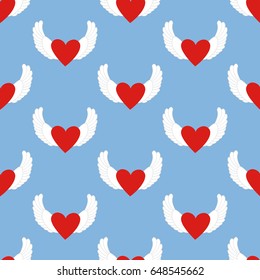 Heart with wings pattern on the blue background. Vector illustration