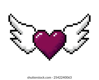 Heart with wings pixel icon on transparent background, 8 bit, retro style. Vector illustration