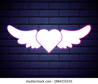 Heart with Wings purple glowing neon ui ux icon. Glowing sign logo vector.