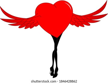 heart with wings of red color with female slender legs