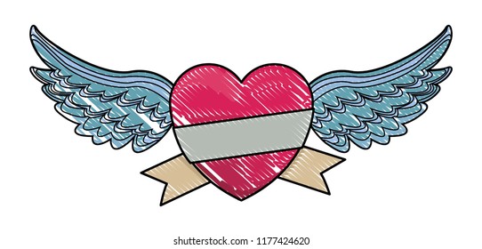 Heart with wings and ribbon banner scribble