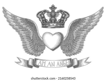 Heart, wings , royal crown and ribbon that says I'm an angel. Engraving Vector Illustration