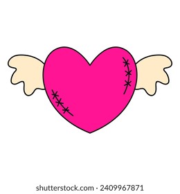 Heart with wings and scars. Emo Y2k style. Black and pink subculture. Vector flat illustration isolated on white background