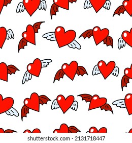 Heart with wings seamless pattern. Winged hearts. Wings of angel, devil, imp. Red sticker with an outline. Stock vector cartoon flat illustration on a white background.