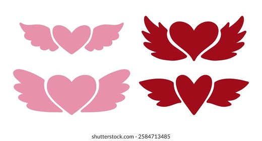 Heart with wings set decorative element. Romantic love icon.Vector illustration, isolated on white background. Valentines Day flying heart icon, Valentine's day pink and red cute hearts.