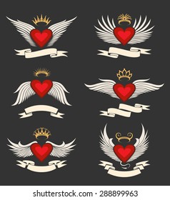 Heart with wings set. Heart symbol collection with ribbon for your text. Isolated on dark background.
