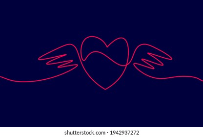 Corazón con alas de una sola línea continua arte. Relación romántica de amor pareja diseño concepto de silueta de un esbozo dibujo dibujo ilustración vectorial oscuro