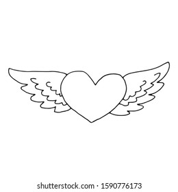 Heart with wings single element hand drawn doodle style. Vector illustration. Black outlines isolated on white background. Valentine's day design for invitations, wedding or greeting cards.