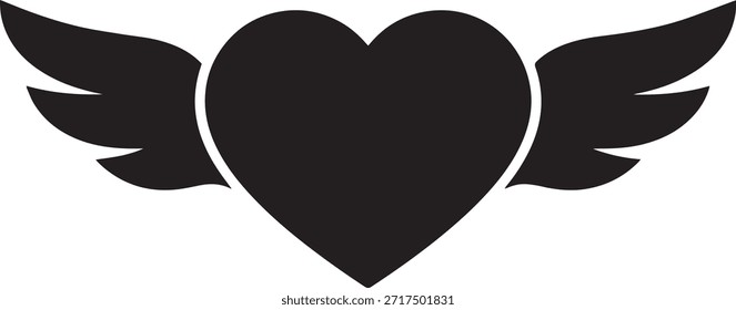 Corazón con alas de icono sólido. Amor de ángel, romance de vuelo, y símbolo de libertad. Ilustración de la silueta del Vector del estilo del tatuaje.
