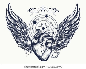 Heart and wings in space tattoo. Symbol of love, philosophy, psychology, imagination, dream 