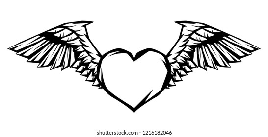 Heart with wings for tattoo design or emblem. Stylized black and white illustration.