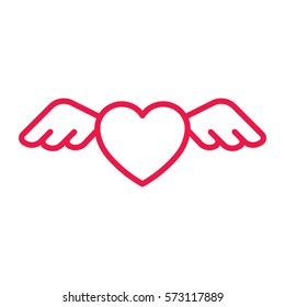 heart with wings thin line red icon on white background, happy valentine day, love