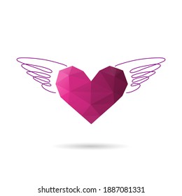 Heart with wings. Valentines day banner, placard, postcard design template. Fashion print vector. Polygonal clip art illustration. 