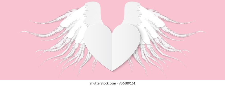 Heart with wings. Valentines Day vector illustration. Cute paper style picture. Winged heart,  pink background.