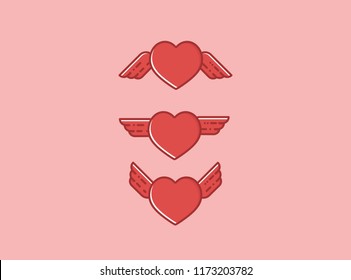Heart with wings vector icons, flat line design style signs