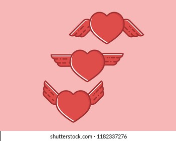Heart with wings vector icons, flat line design style signs set