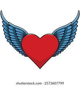 Heart and wings vector illustration. Red heart with blue wing