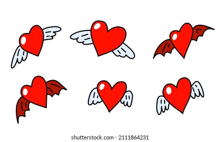 Heart with wings. Winged hearts. Wings of angel, devil, imp. Red sticker with an outline. Stock vector cartoon flat illustration on a white background.