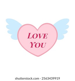 A heart with wings and the words "Love You" written on it. Concept of love and affection